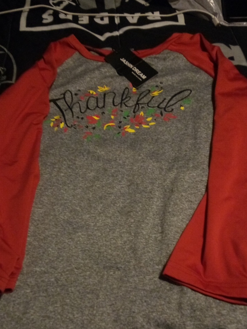 Kids "Thankful" Raglan Top - Gray Body with Red Sleeves Brand Jashin Dream